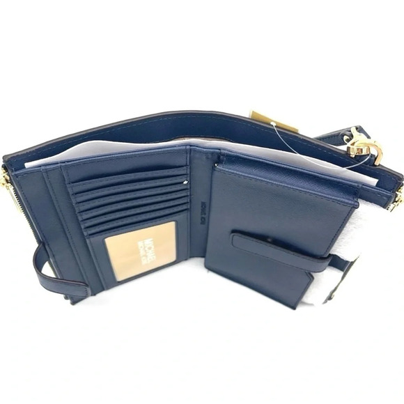 Michael Kors Large Double Zip Wallet Wristlet Navy Blue/Gold - Picture 6 of 7